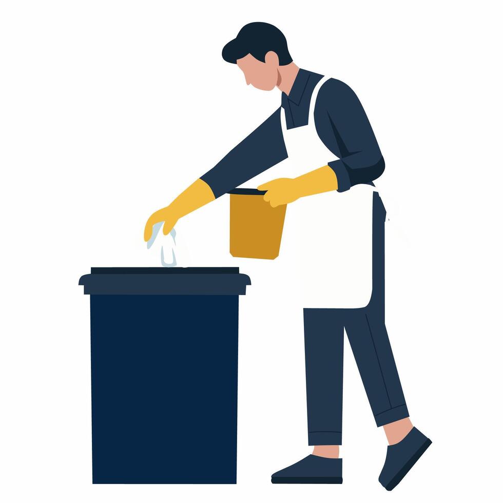 A man in an apron is cleaning a trash can vector