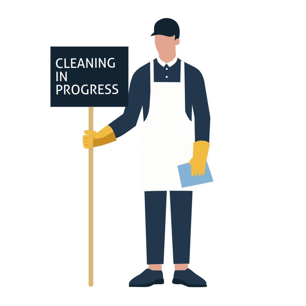 A man holding a cleaning progress sign vector