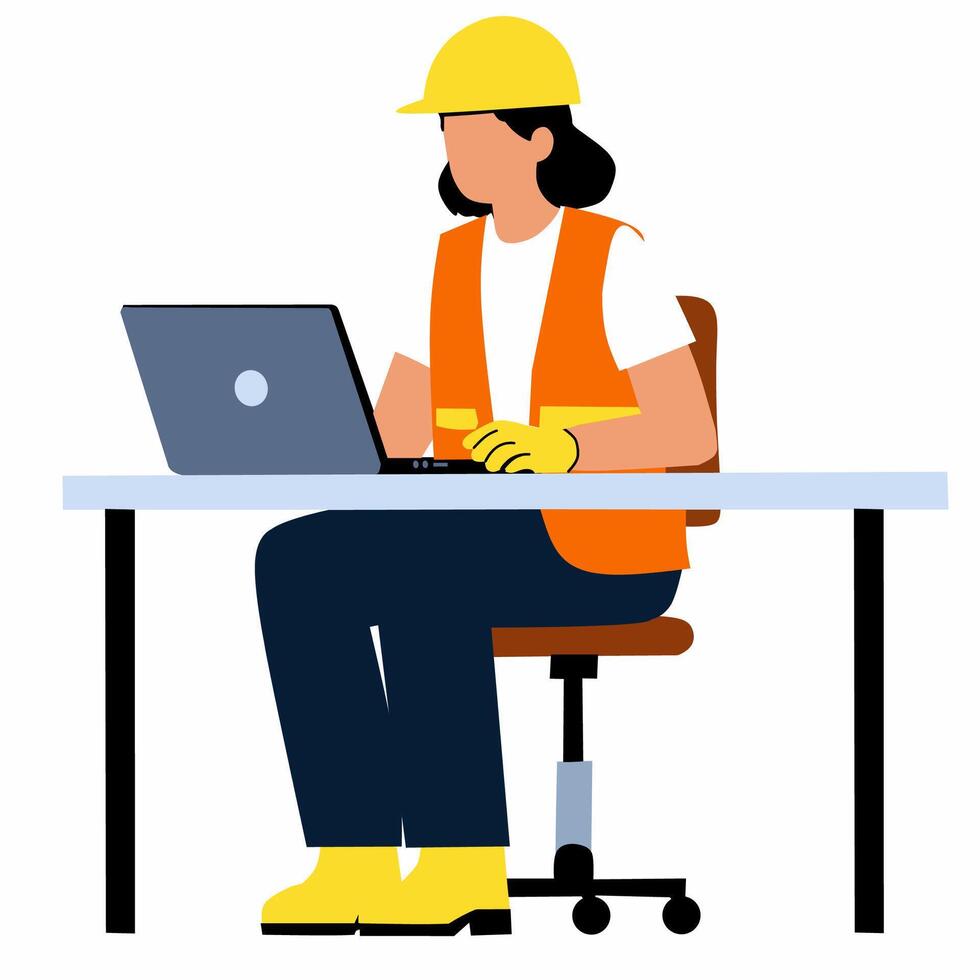 A woman in an orange safety vest is working on a laptop vector