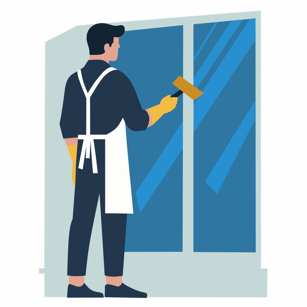A man in apron and rubber gloves is cleaning a window vector