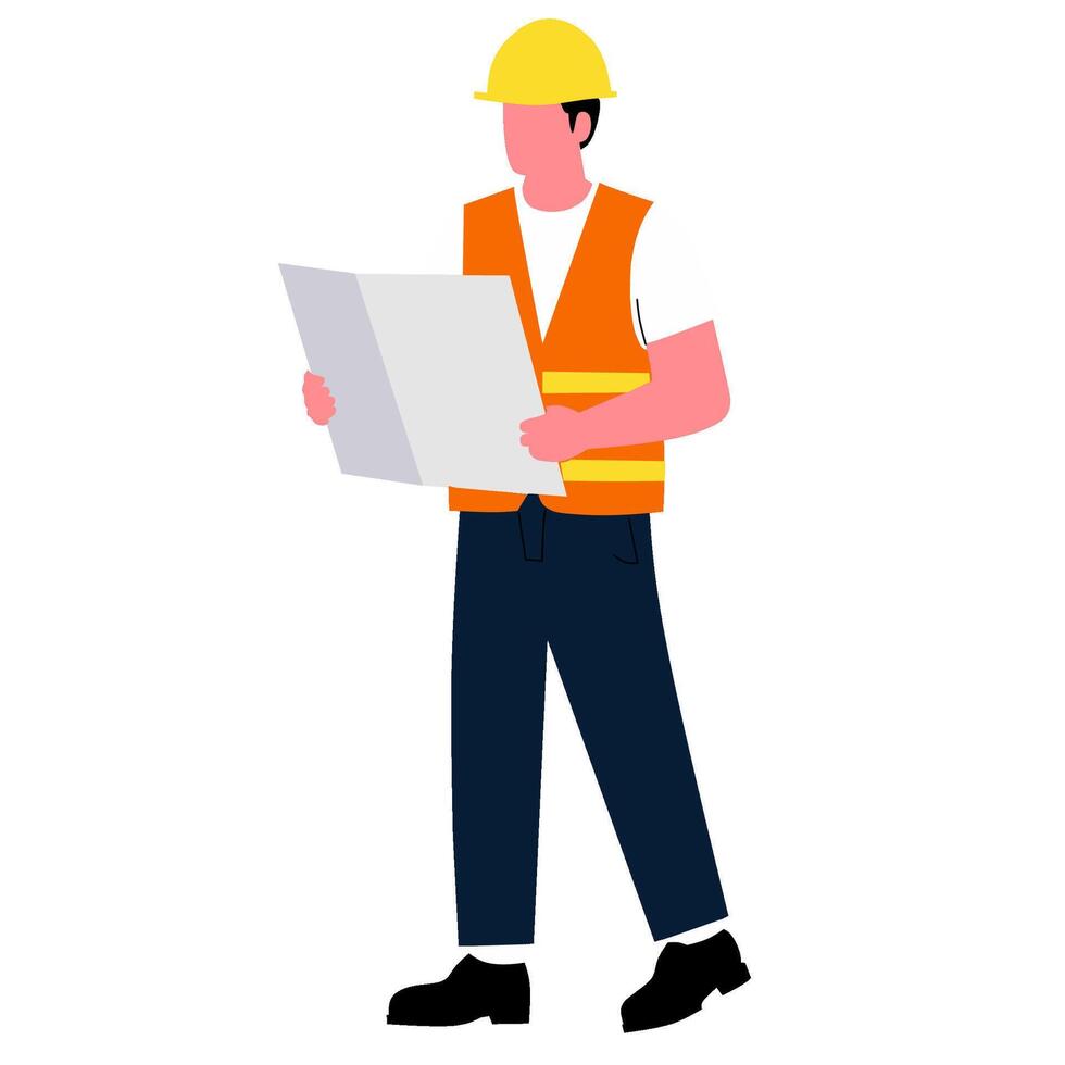 A construction worker in a safety vest and helmet is examining blueprints. vector