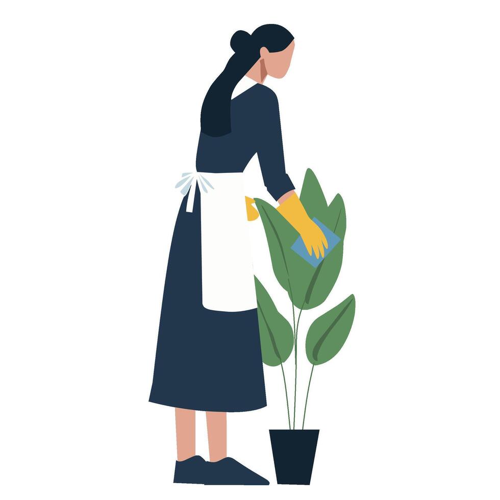 A woman in apron and gloves is holding a plant vector