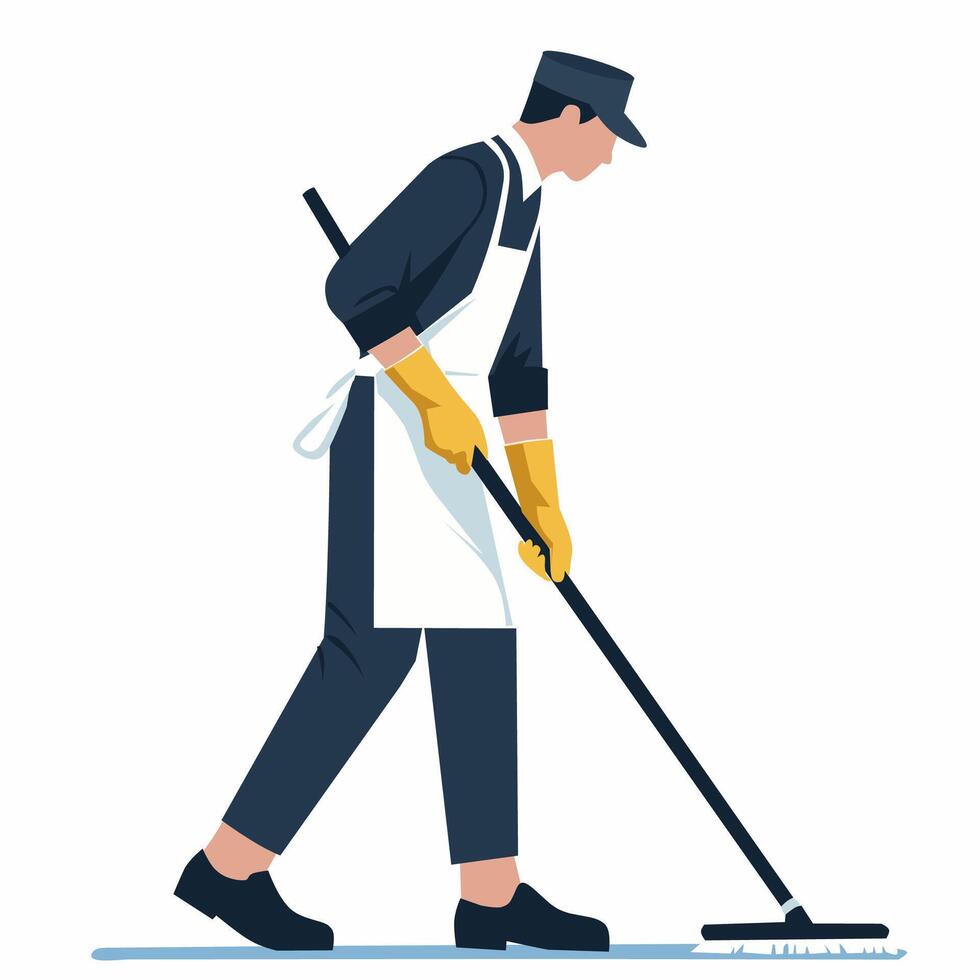 A man in an apron and rubber gloves is sweeping the floor vector