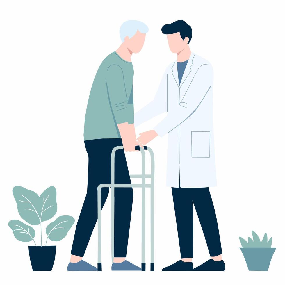 An illustration of a doctor helping an elderly man with a walker vector