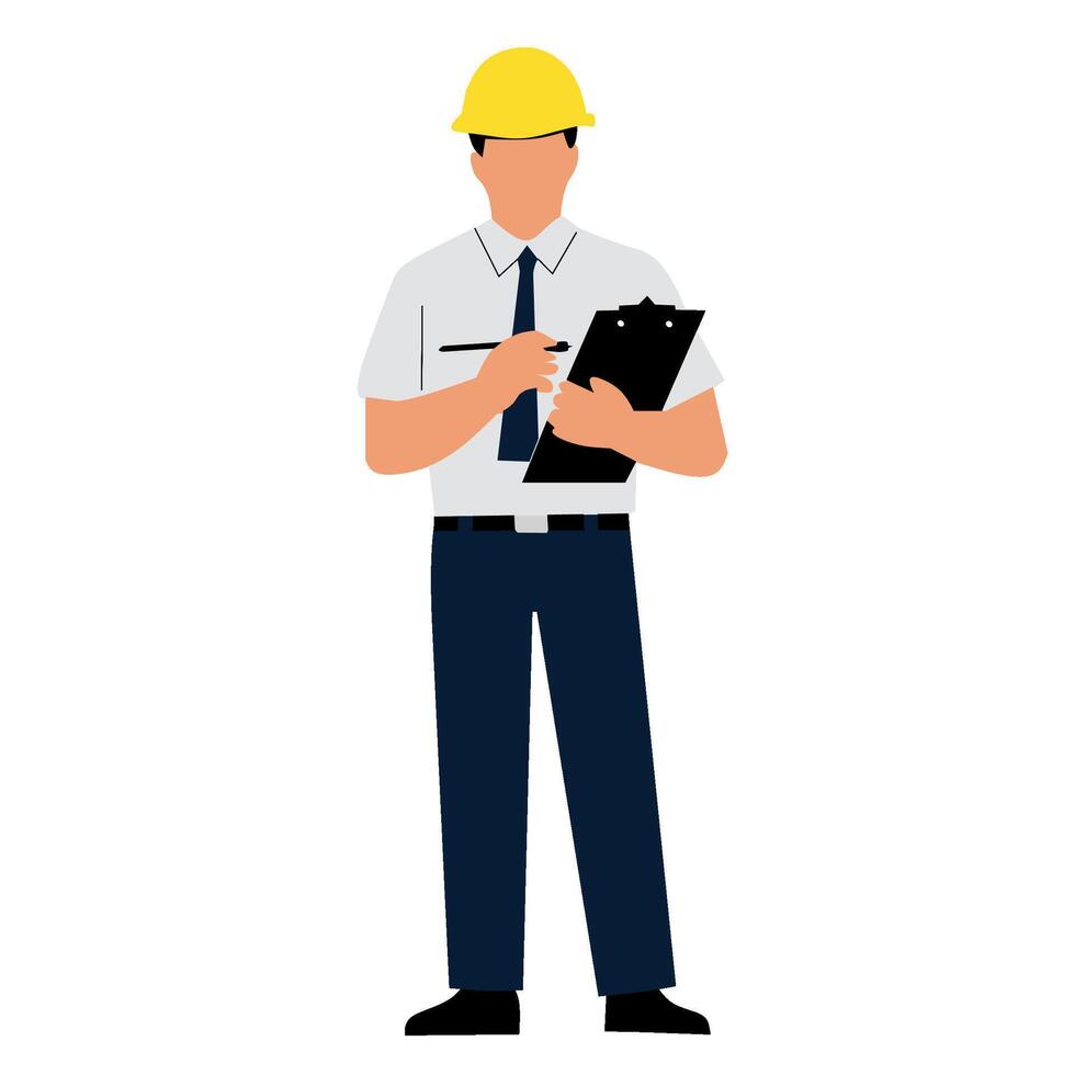 A construction worker holding a clipboard and pen, wearing a hard hat. vector