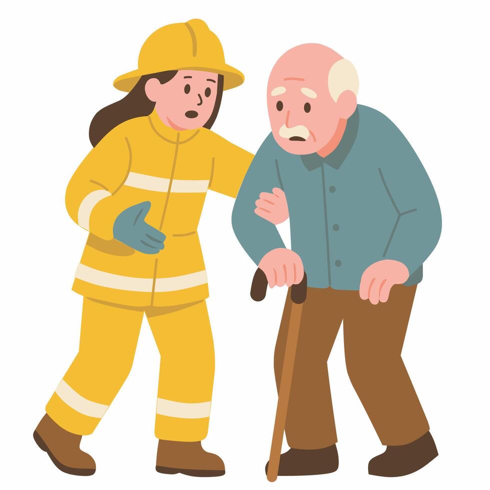 A firefighter assists an elderly man, showcasing compassion and support in a rescue scenario. vector
