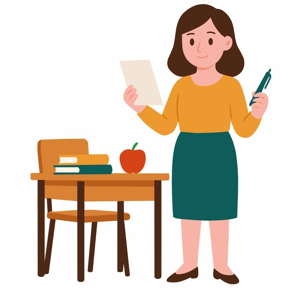 A woman holding a paper and pen stands by a desk with books and an apple. vector