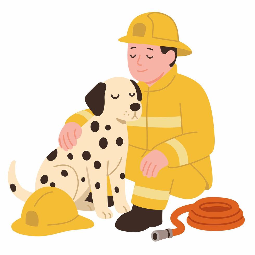 A firefighter kneels beside a Dalmatian dog, showcasing teamwork and companionship. vector