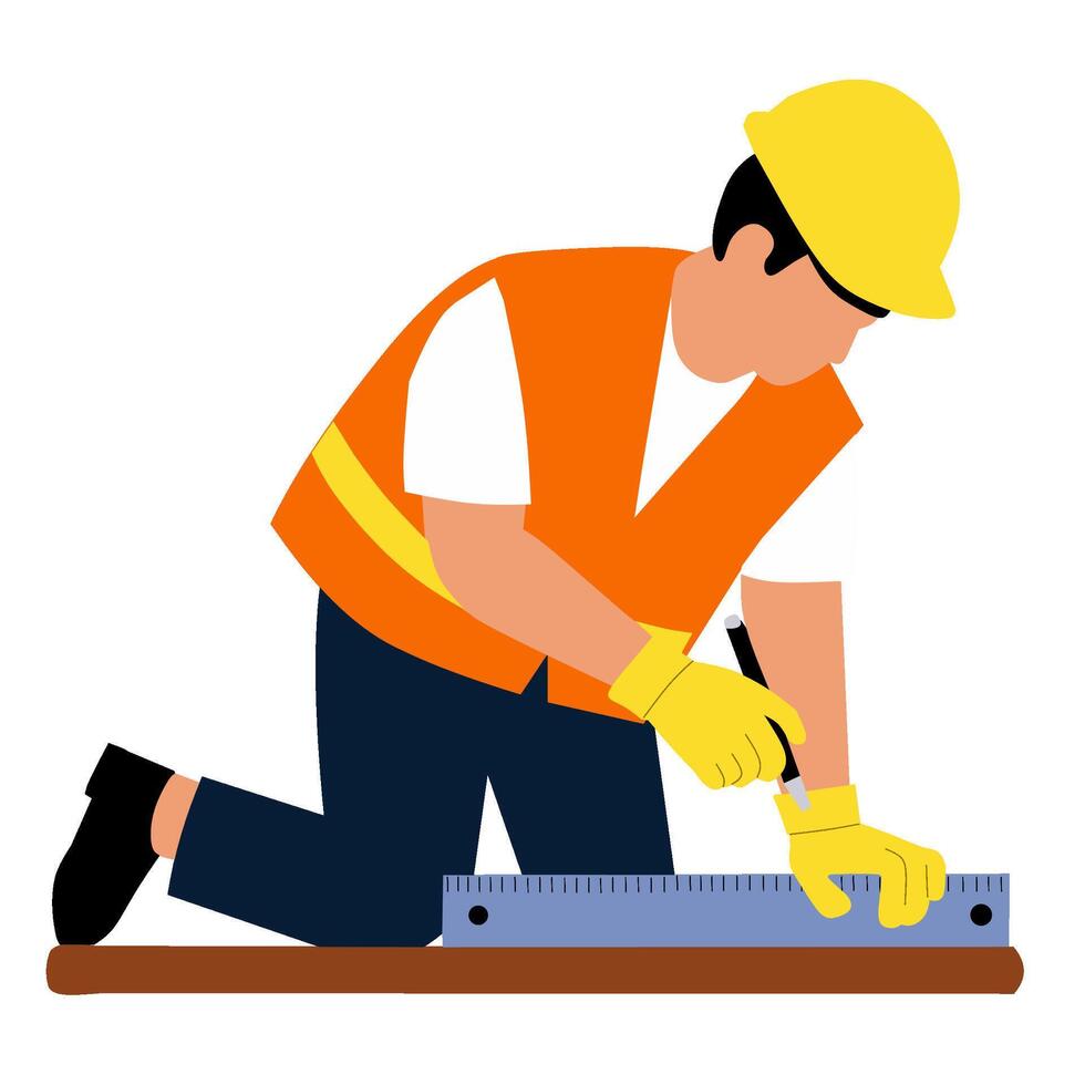 A construction worker measuring wood with a ruler while kneeling. vector