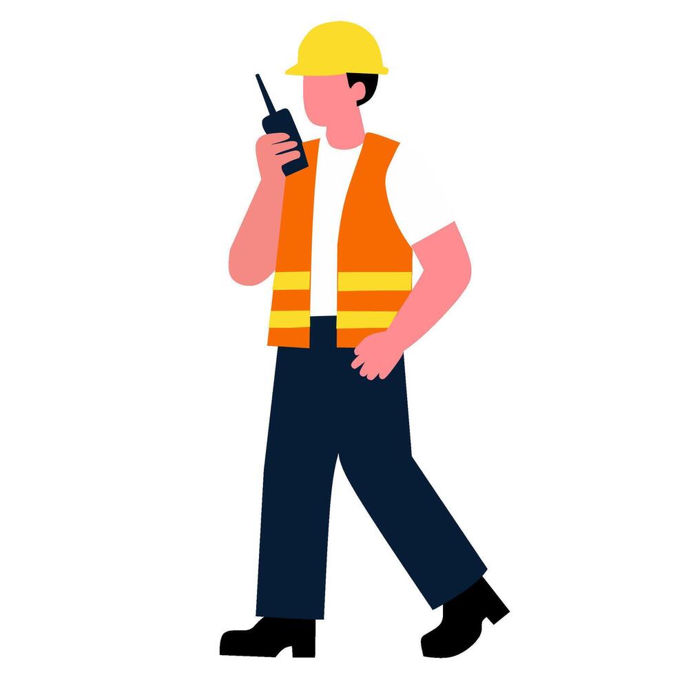 A man in a hard hat and vest talking on a walkie talkie vector