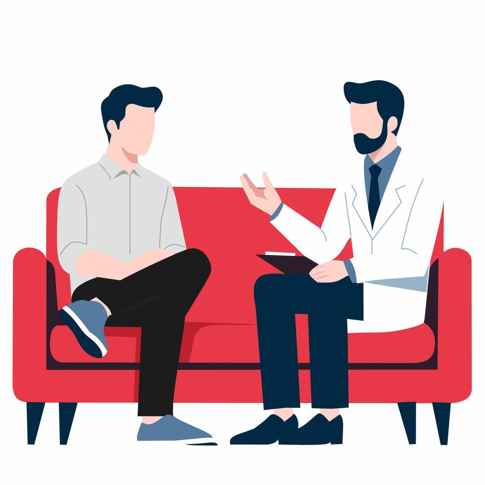 Two men sitting on a couch talking to each other vector