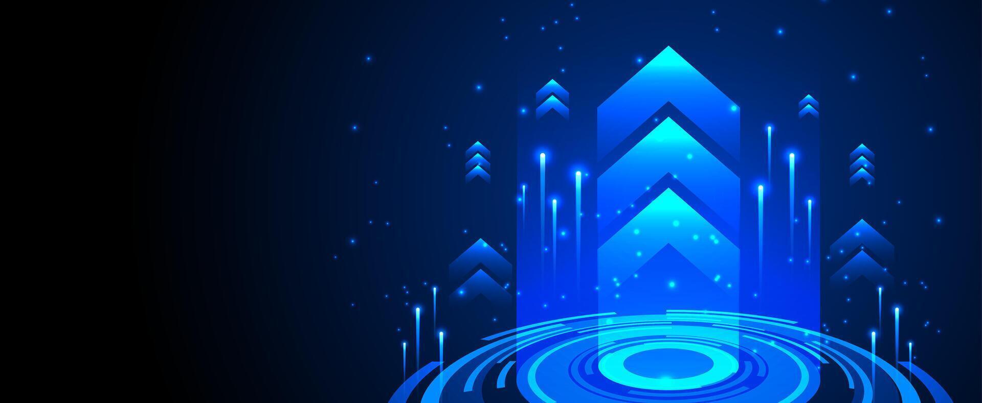 Dark blue background with technology growth arrows with neon light effects and futuristic rings vector
