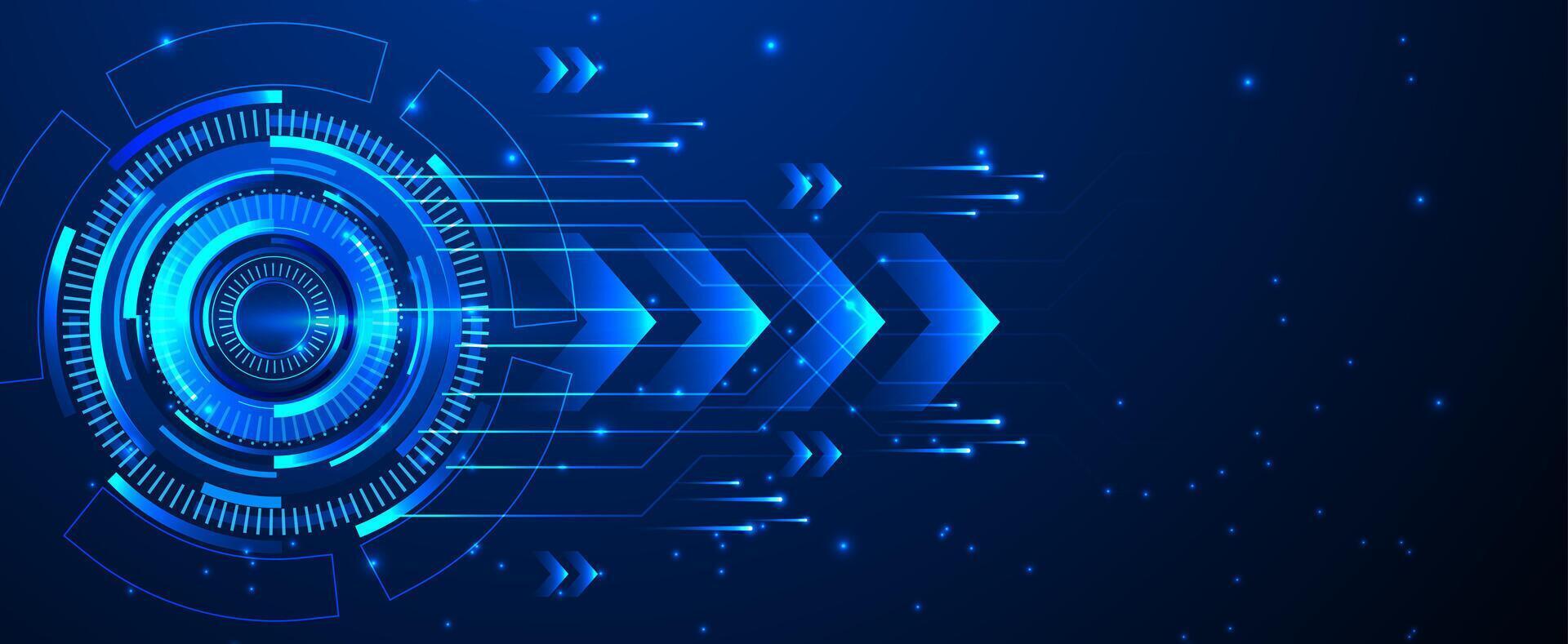 Future technology and business growth arrows on blue background with neon light effects and rings vector