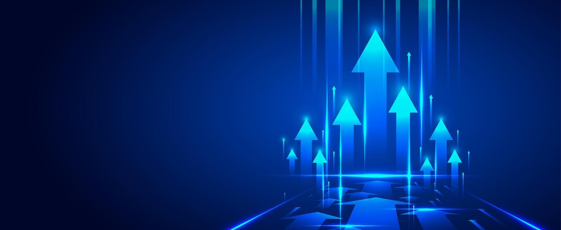 Business growth arrow on dark blue technology background with perspective speed light effect for presentation vector