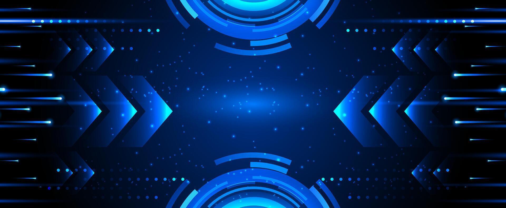 Dark blue technology background with arrows and light speed effects and futuristic rings. design vector