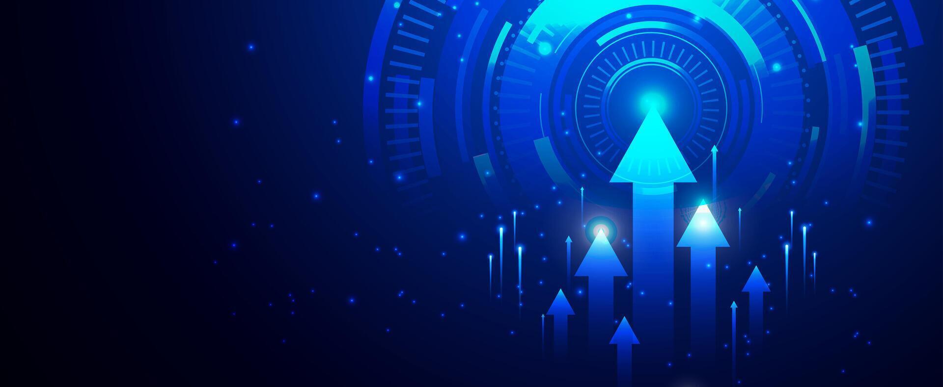 Business Technology Growth Arrow On Dark Blue Background With Future World Rings Neon Light Effect For Presentation Illustration vector