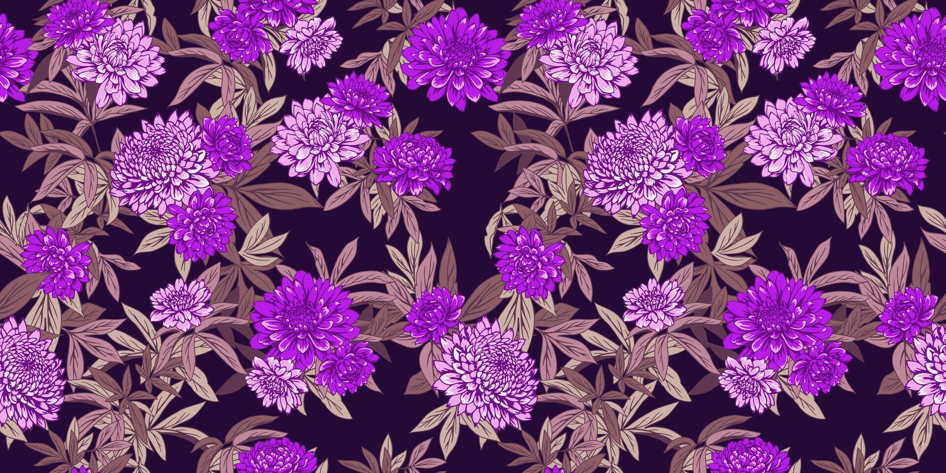 Blooming seamless floral pattern on dark black background. drawn illustration botanical. Abstract artistic violet purple flowers and leaf print. Nature ornament for designs vector