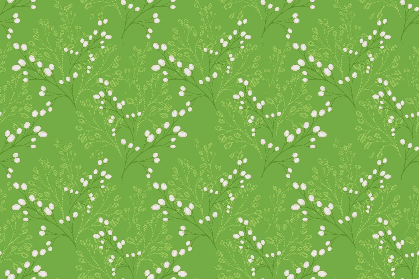 Seamless pattern with delicate botanical branches and white berries on a fresh green background. Elegant and nature inspired, perfect for textiles, wallpapers, packaging, and stationery design vector