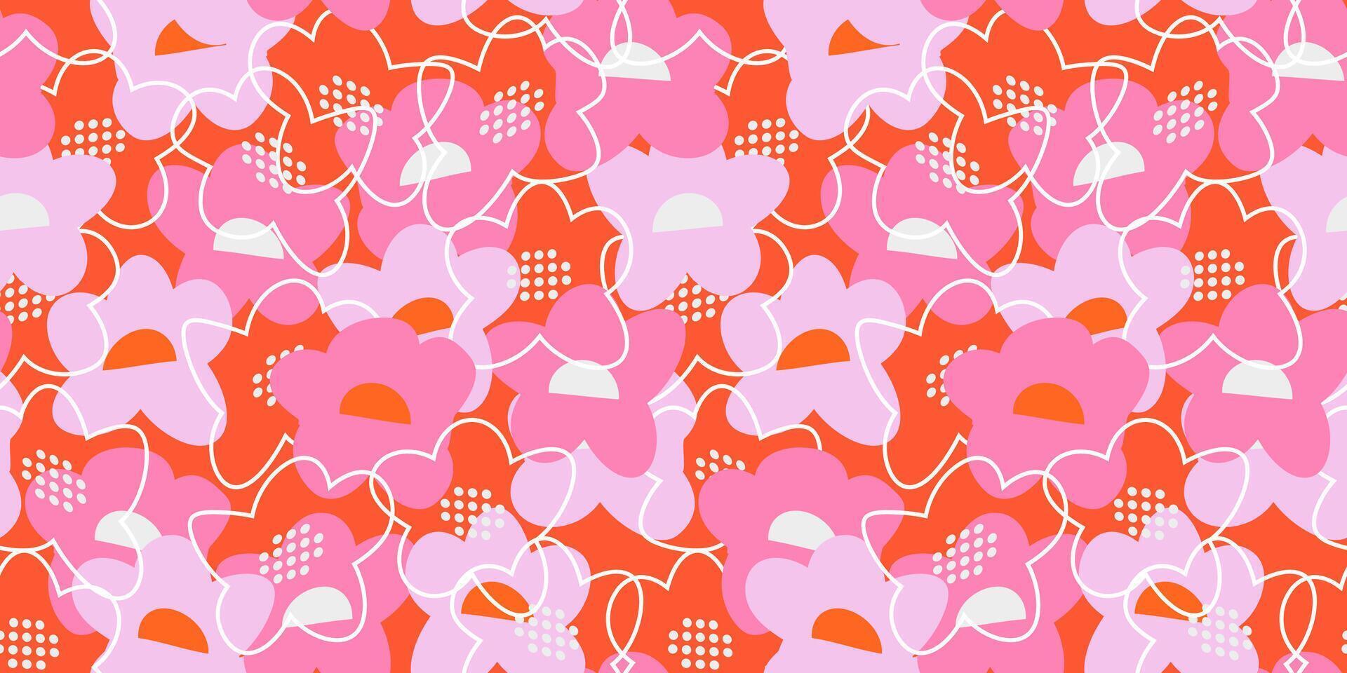 Seamless floral pattern with abstract hand drawn flowers in pink tones on a bright orange background. The playful doodle style lines create a modern, artistic, and vibrant composition vector