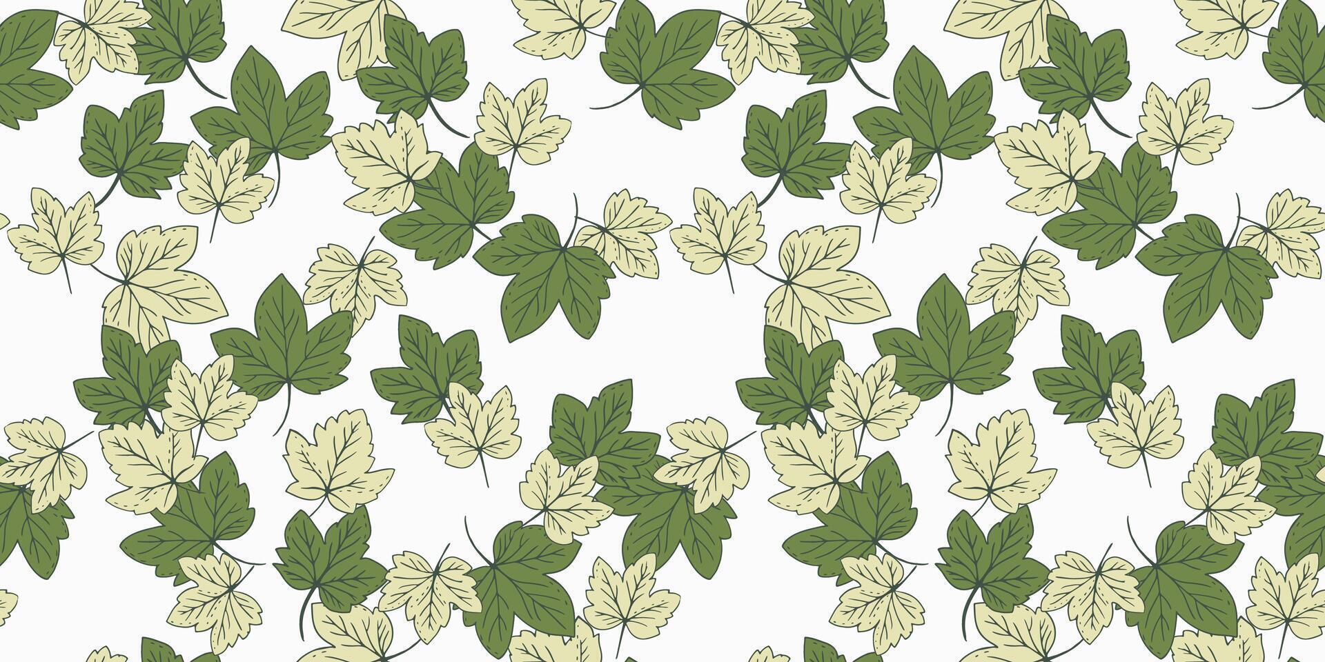 Seamless autumn pattern featuring maple leaves on a white background. Green leaves create a natural, elegant design perfect for fabric, wallpaper, and stationery vector
