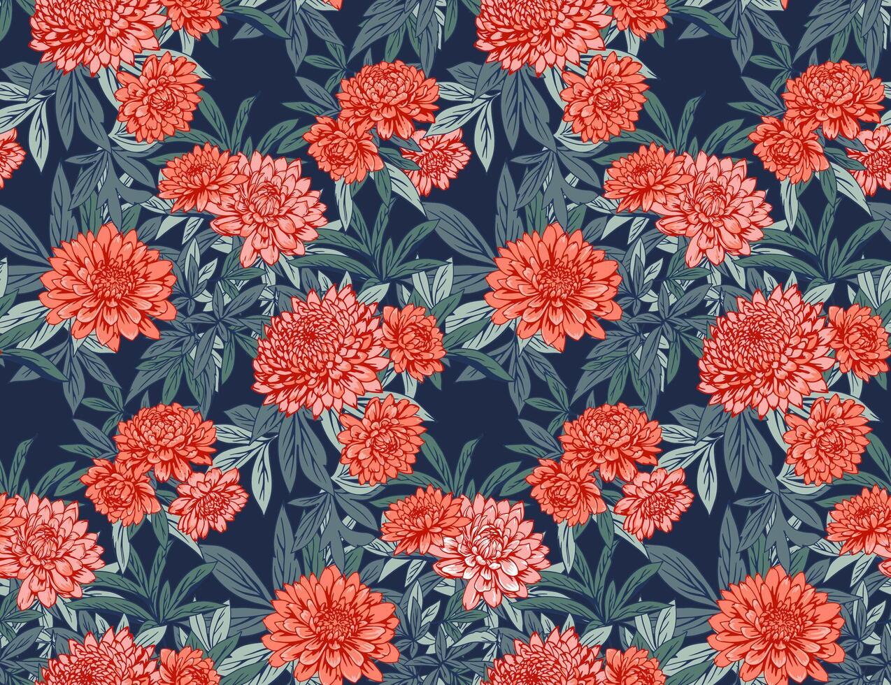 Blooming seamless floral pattern on a dark background. Abstract artistic chrysanthemum peonies dahlias flowers on branches leaves print. drawn illustration. Nature ornament vector