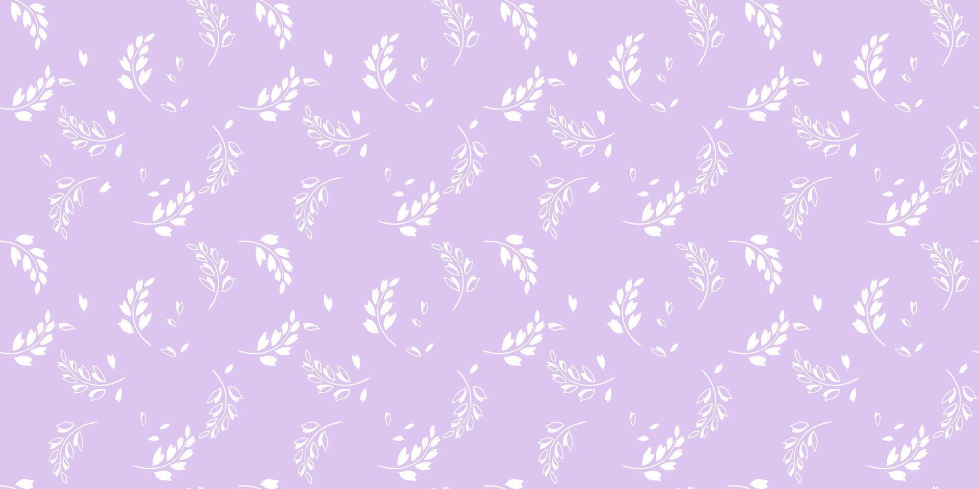 Elegant seamless pattern featuring delicate white botanical branches and scattered leaves on a soft lavender background. Minimalistic and nature inspired, perfect for textiles, stationery vector