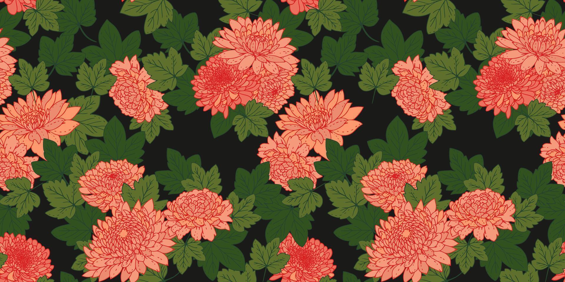 Colorful floral seamless pattern on dark background. Stylized peonies, dahlias, chrysanthemums. Artistic abstract red flowers and green leaves repeated print. drawn illustration botanical. vector