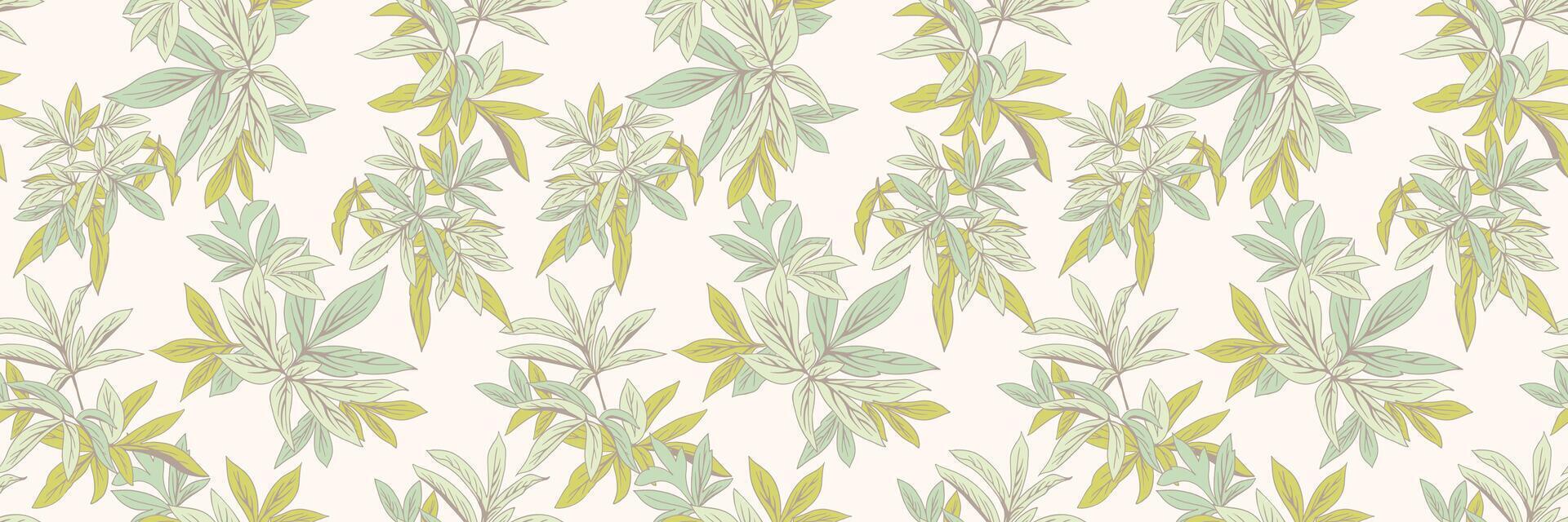 Seamless botanical pattern delicate leaves in pastel tones on a light background. Ideal for fabrics, stationery, and home decor, evoking a calm and elegant atmosphere. vector
