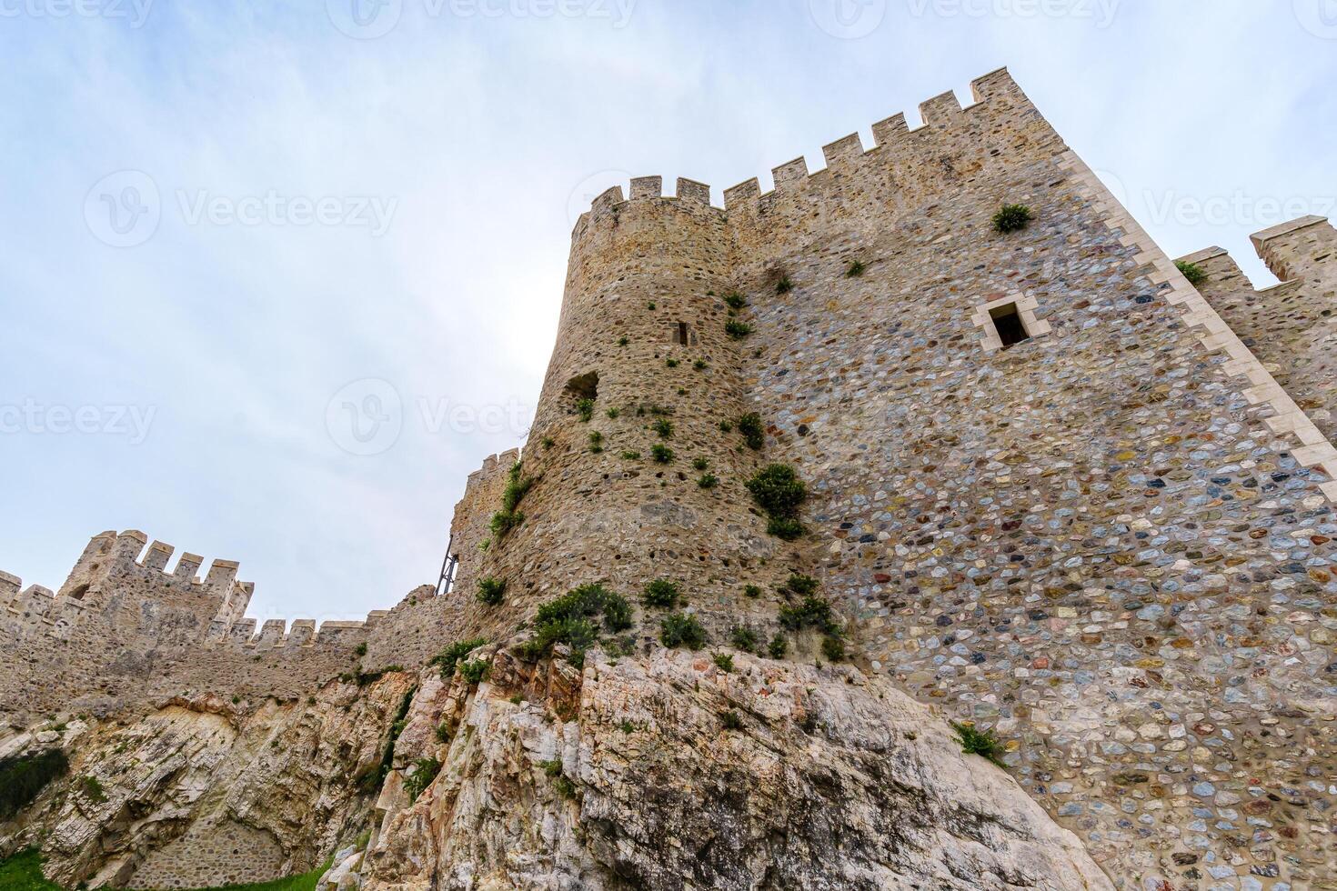 A breathtaking view of ancient castle walls and towering structures, surrounded by fresh green grass under a bright sky, showcasing the charm of historical architecture and tranquil scenic ambiance. photo