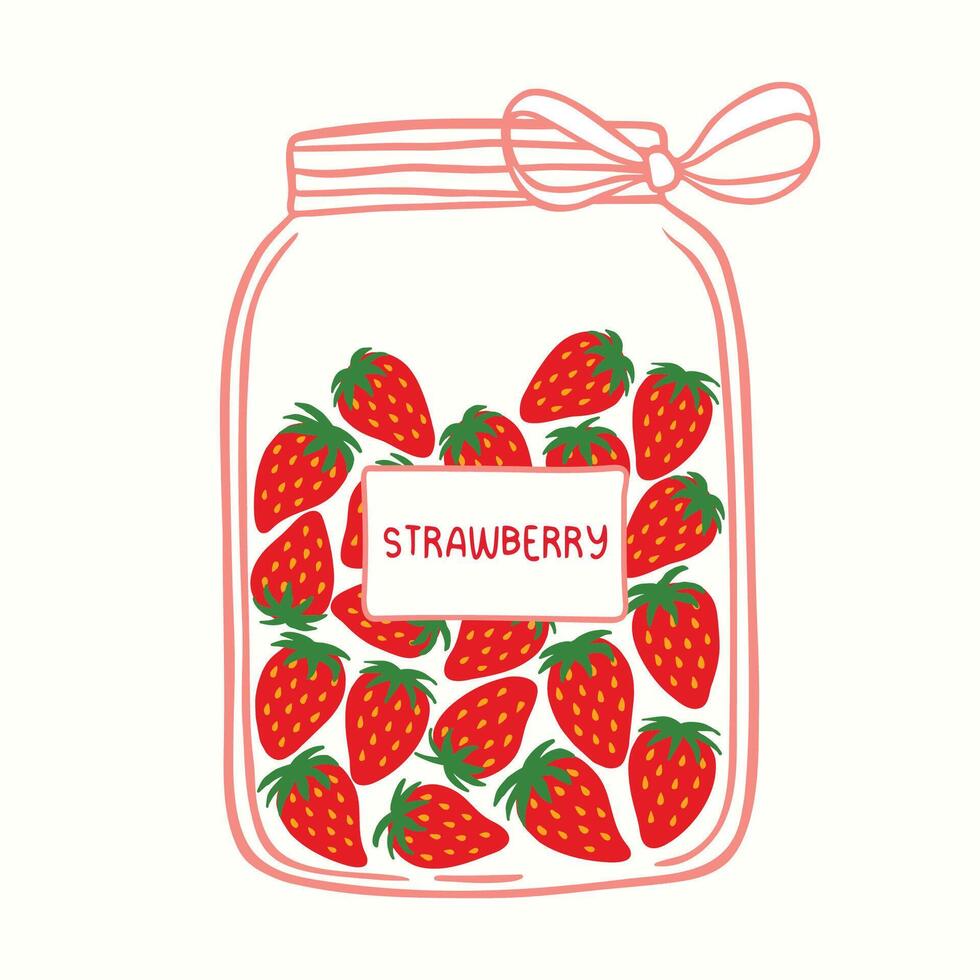A set of fruit jams in glass jars in cartoon style. Strawberry confiture in glass container. Used for kitchen, food illusatration. vector