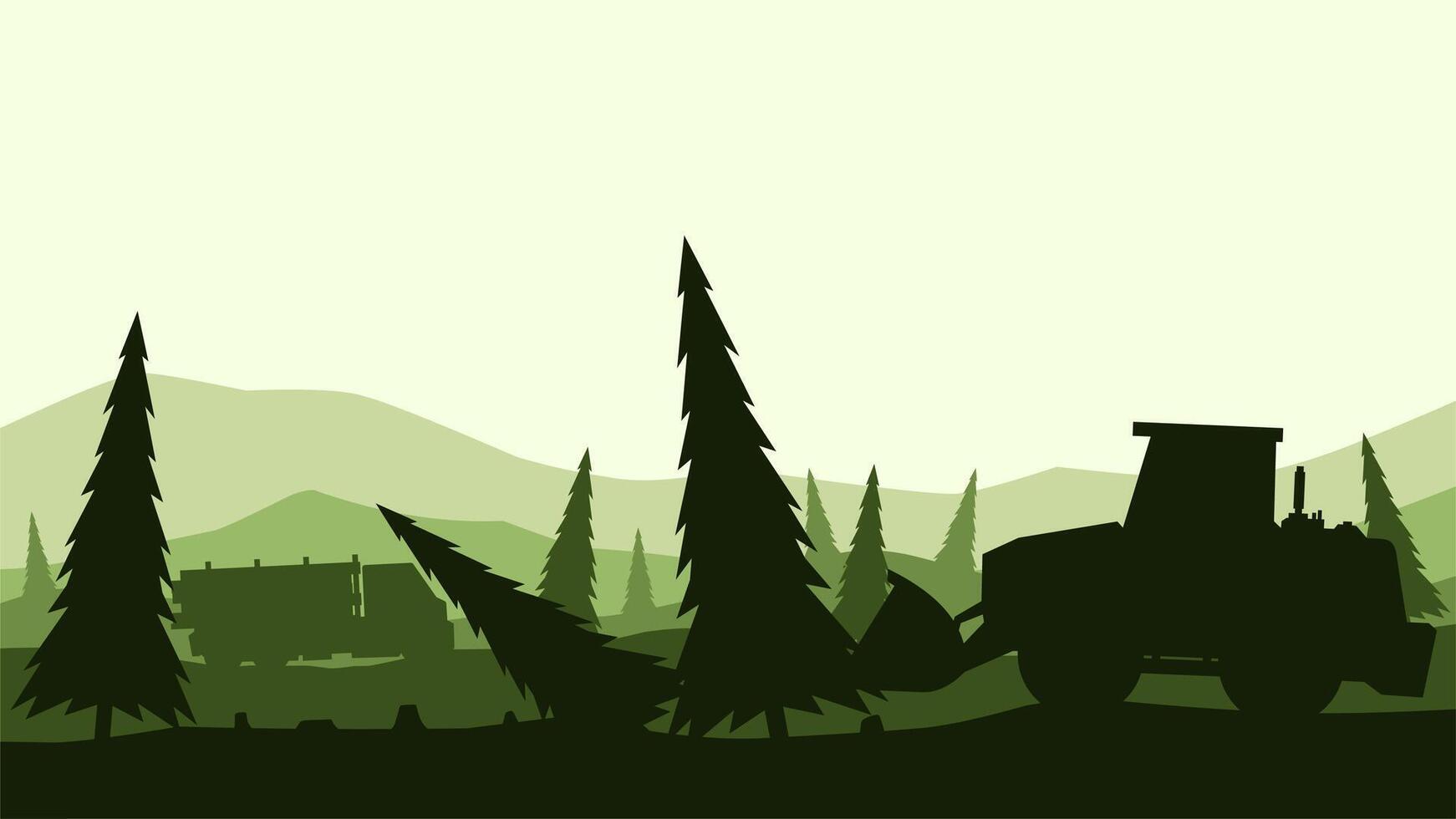 Landscape silhouette of illegal logging in a pine forest. Panoramic view of deforestation with bulldozer and forestry truck. Coniferous forest with illegal tree cutting activity vector