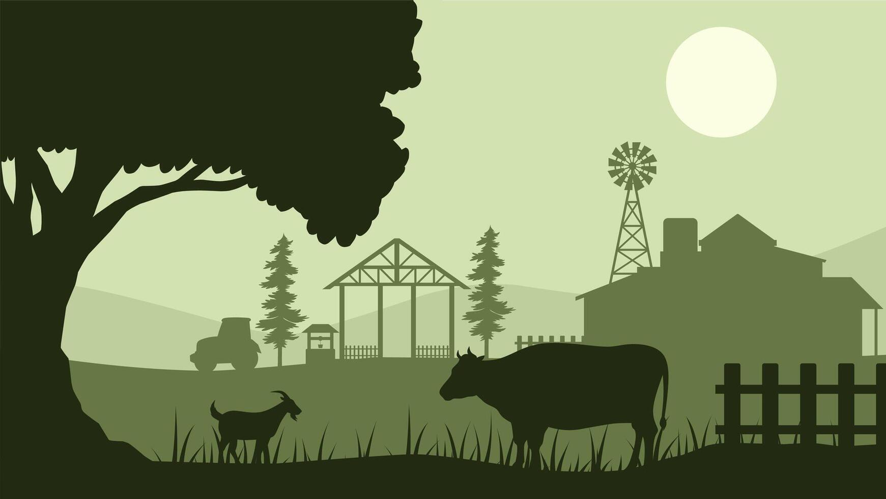 Landscape of farmland with livestock in a countryside scenery. Panoramic view of rural farm with cow and goat in pasture. Scenic countryside building with farmhouse and windmill vector