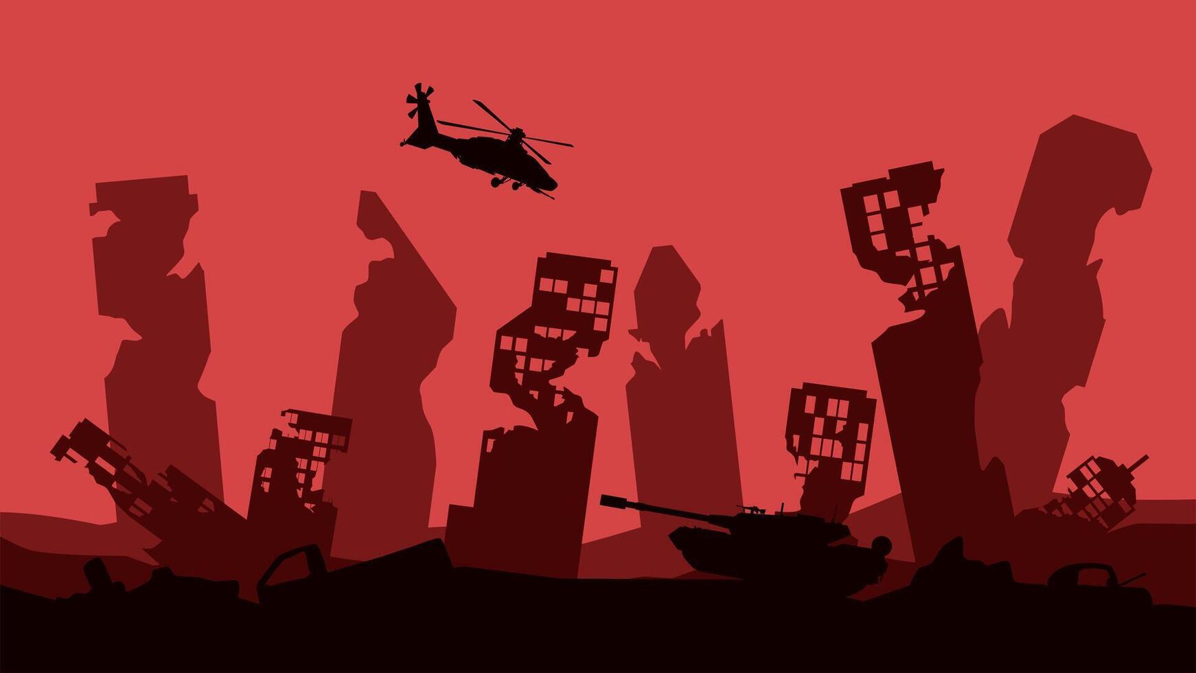 Silhouette of destroyed city in the battlefield landscape. Cityscape of aftermath war in the downtown area with city ruins. Urban apocalypse scene with helicopter and tank vector