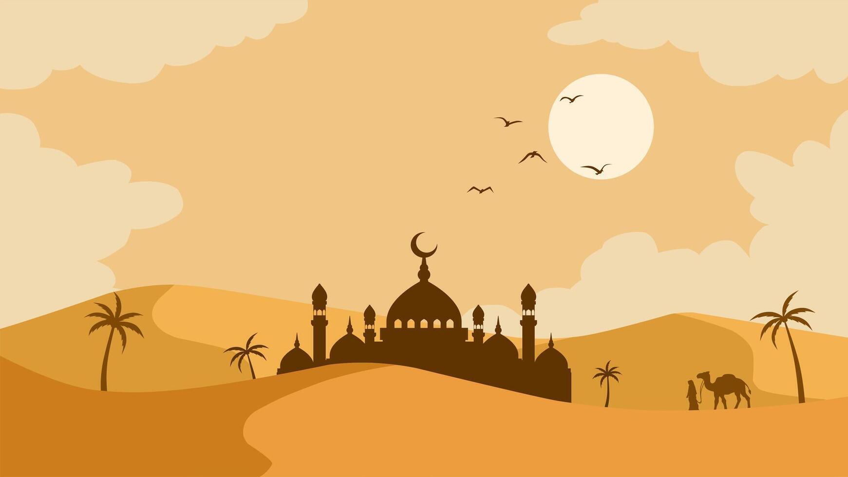 Landscape of mosque in the desert scenery for Ramadan. Panoramic view of sandy desert with muslim walking alongside camel. scenic arabian desert for Ramadan Mubarak celebration vector