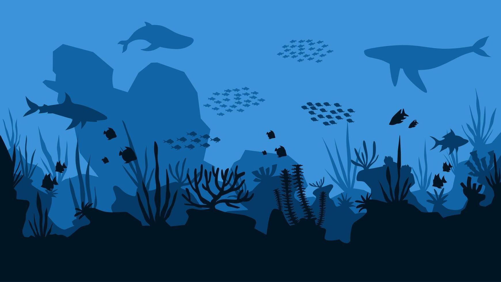 Underwater landscape of shipwreck with coral reefs scenery. Panoramic view of undersea with fishes and sunken ship. Scenic seascape with aquatic ecosystem and marine vegetation vector