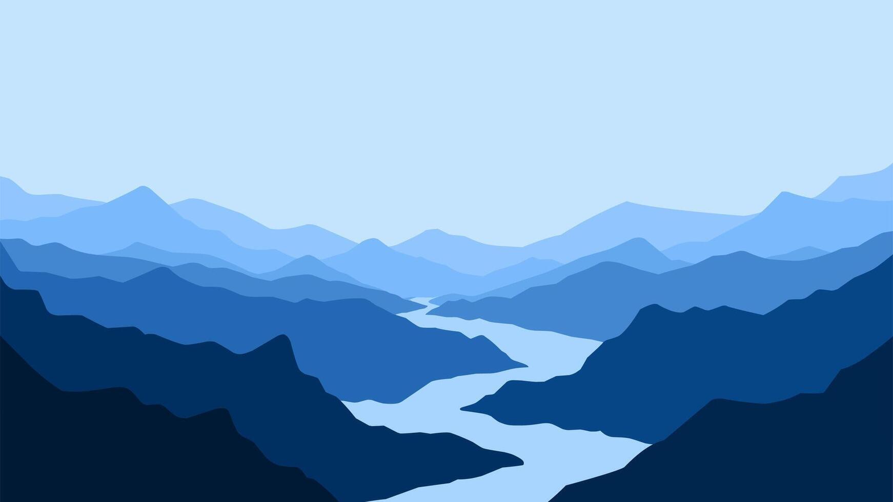 Landscape of a river in mountains scenery. Panoramic view of mountain range with a river flowing through it. Scenic landscape with river winding between majestic mountain range vector
