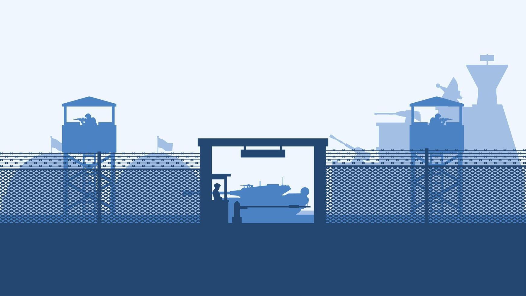 Landscape silhouette of military base scenery. Panoramic view of headquarter with military building and hangar. Scenic military bunker with tank and watchtower vector