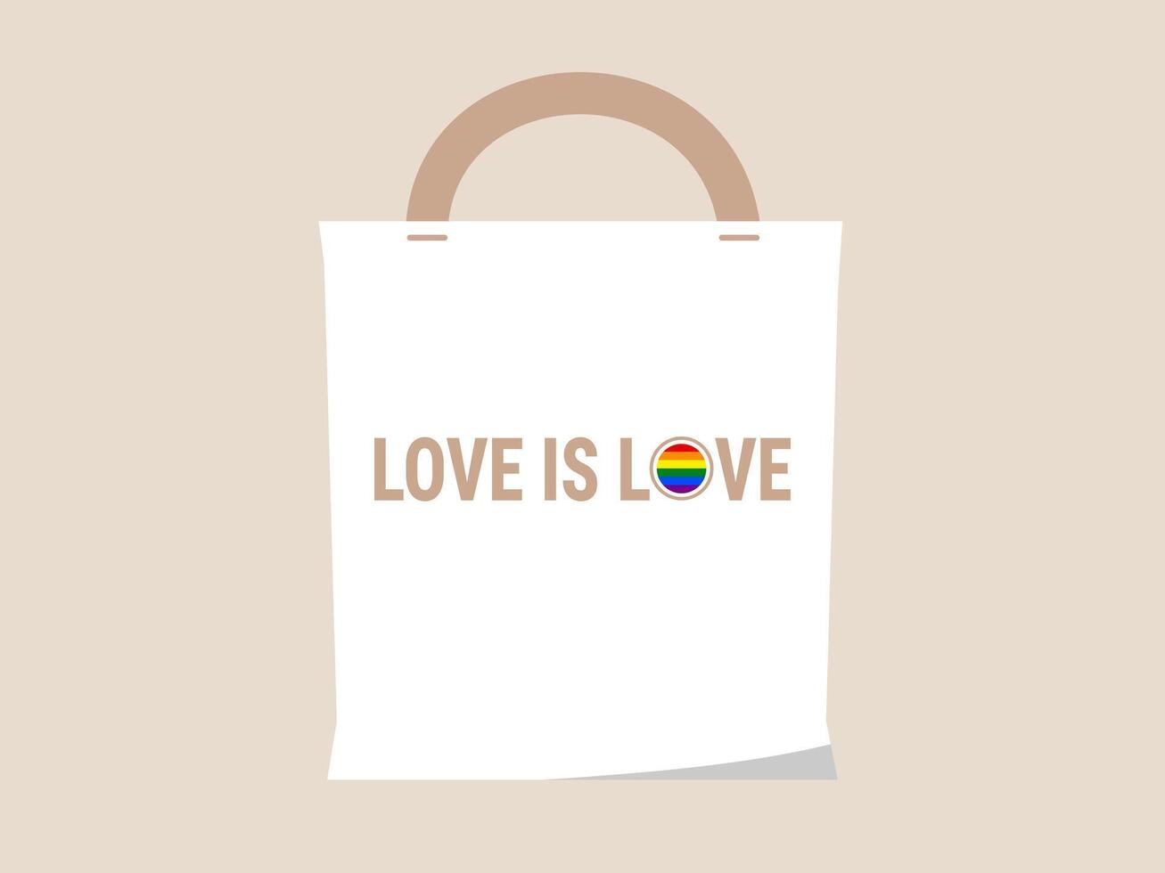 Love is love tote bag with rainbow heart symbol, minimalist design, beige handle, and neutral background, expressing pride and inclusivity in simple, modern style vector