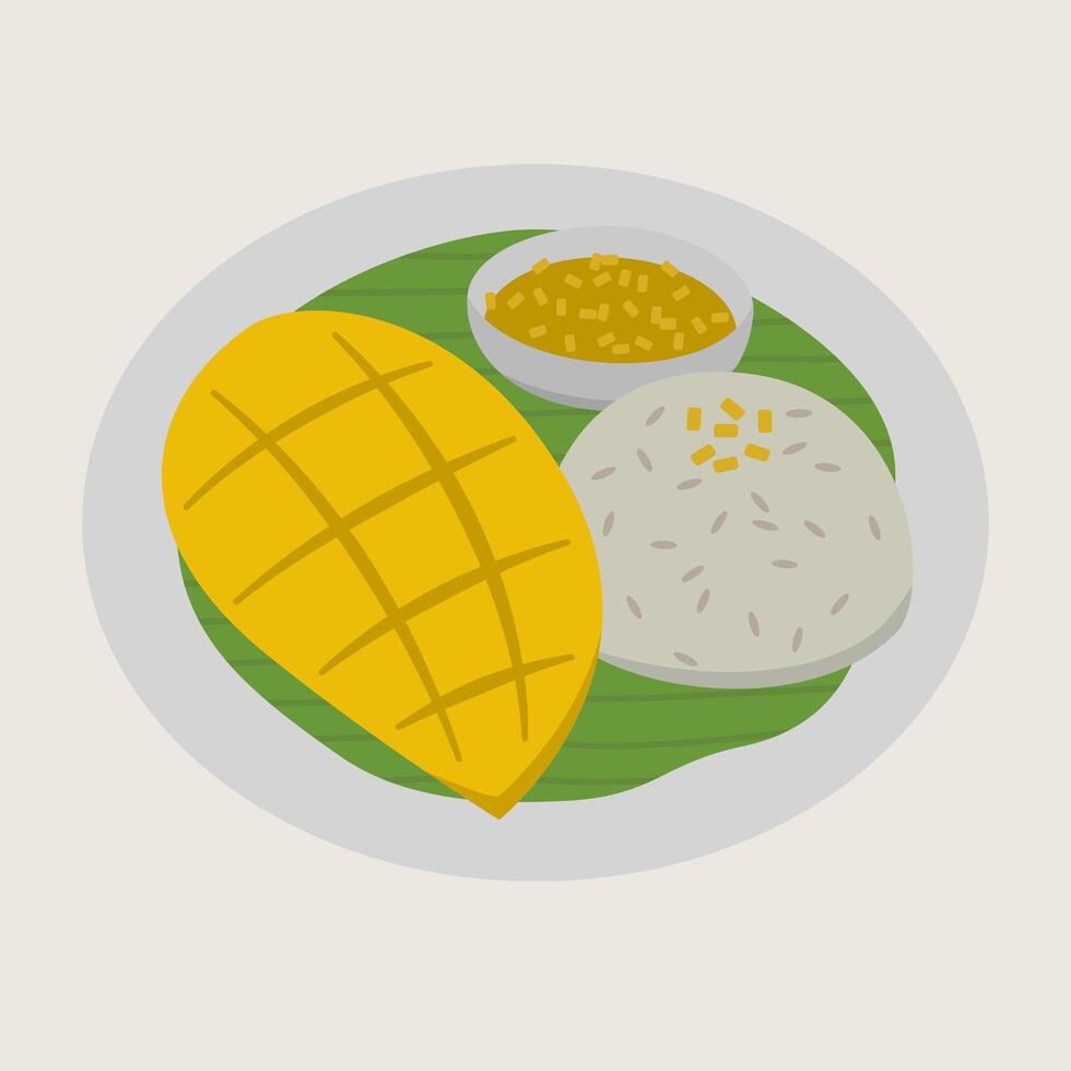 Mango, sticky rice, coconut milk, and mung beans are beautifully arranged on white plate with banana leaf, creating traditional Thai dessert with sweet and inviting appearance vector