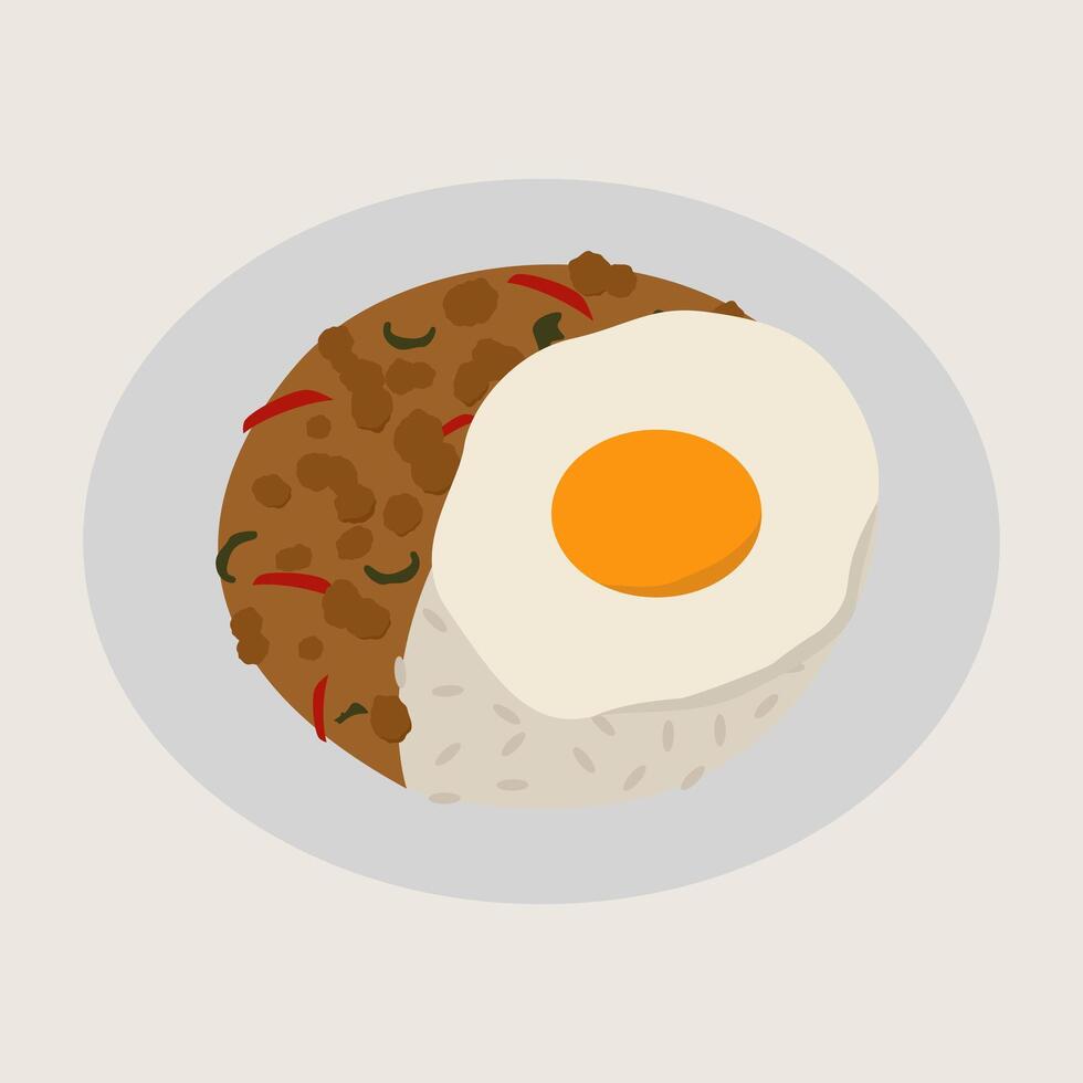 Stir fried basil pork jasmine rice fried egg Thai food spicy savory comfort meal white plate simple background delicious vector