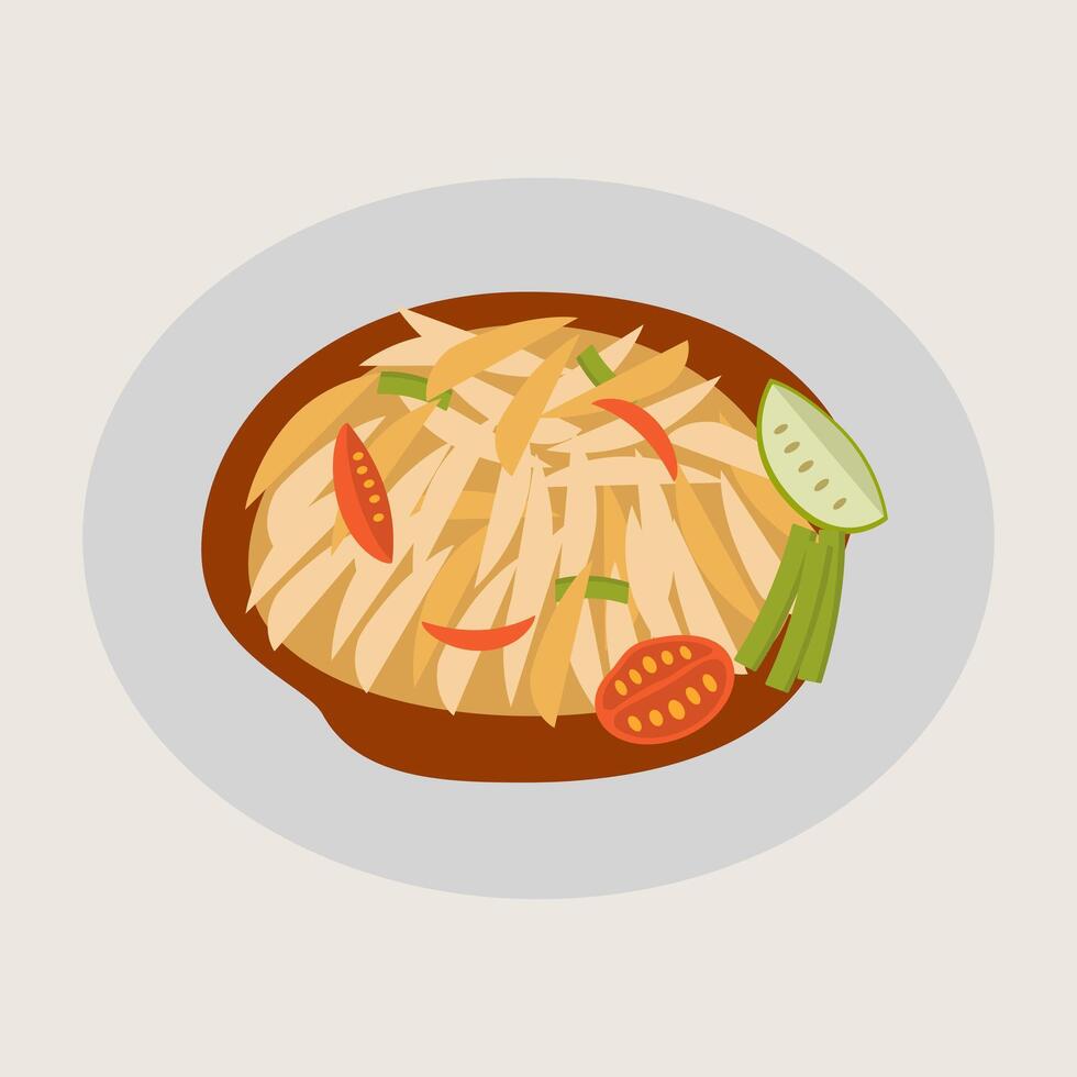 Papaya salad, green papaya, chili, tomato, lime, and long bean are arranged on brown plate, showcasing vibrant and fresh Thai cuisine dish with spicy and tangy flavor vector