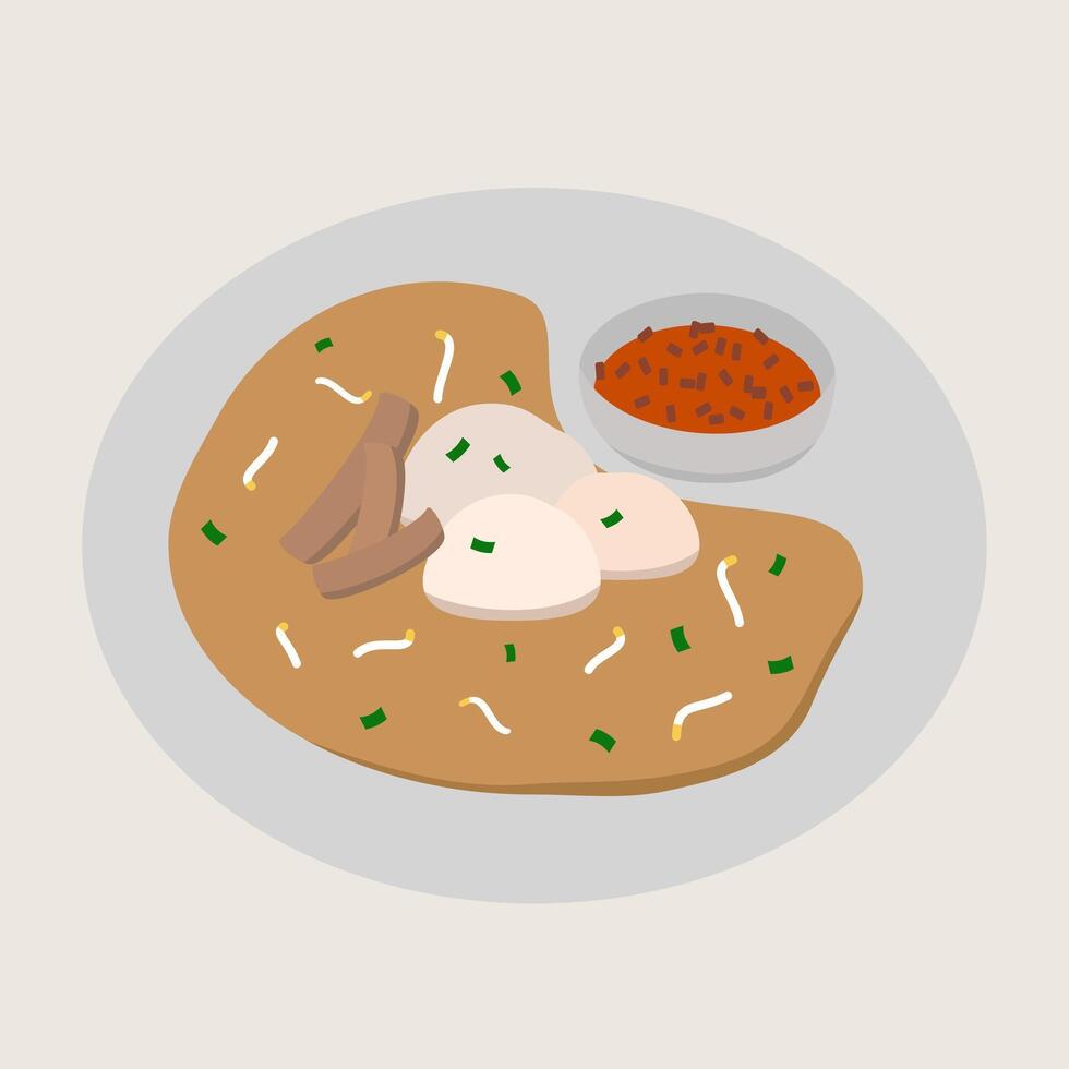 Crispy oyster omelette with bean sprout, green onion, and mushrooms served on plate with spicy dipping sauce, traditional Asian street food, delicious and savory vector