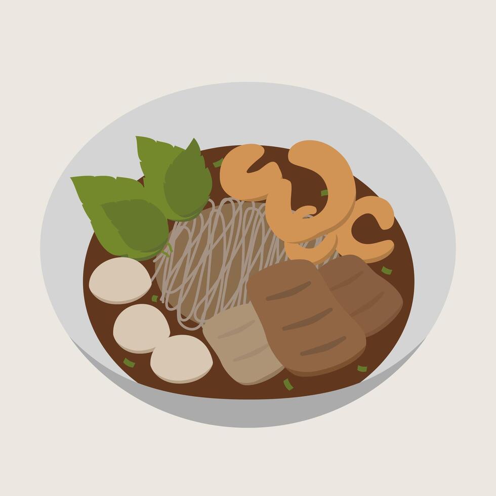 Boat noodle rice noodle meatball fried garlic basil Asian food brown soup traditional delicious savory comforting flat lay lunch dinner cuisine garnish vector