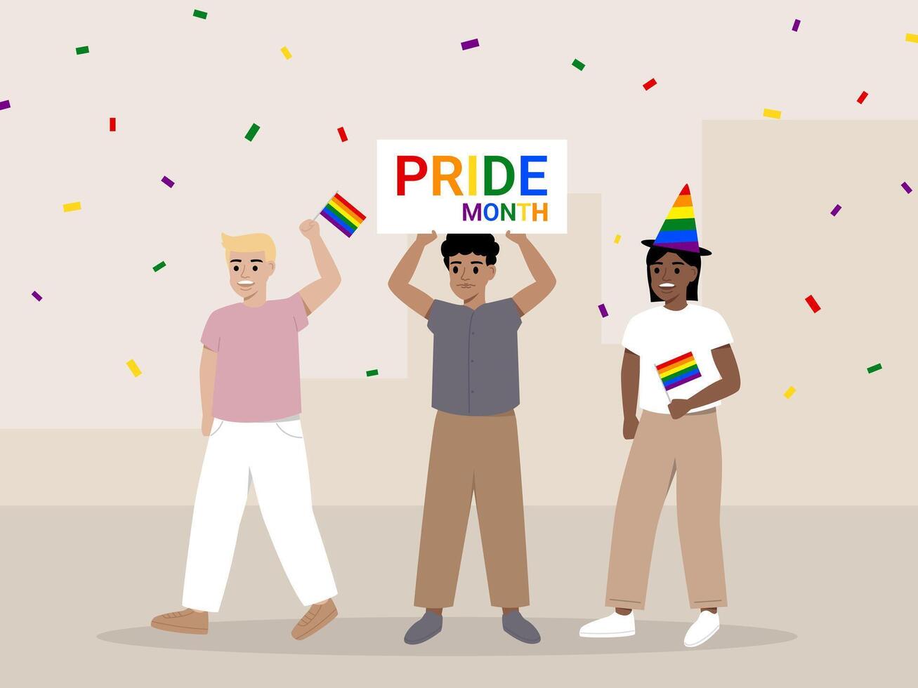 Three diverse people celebrate pride month, holding rainbow flags and colorful sign, surrounded by confetti, expressing joy and support for LGBTQ community vector