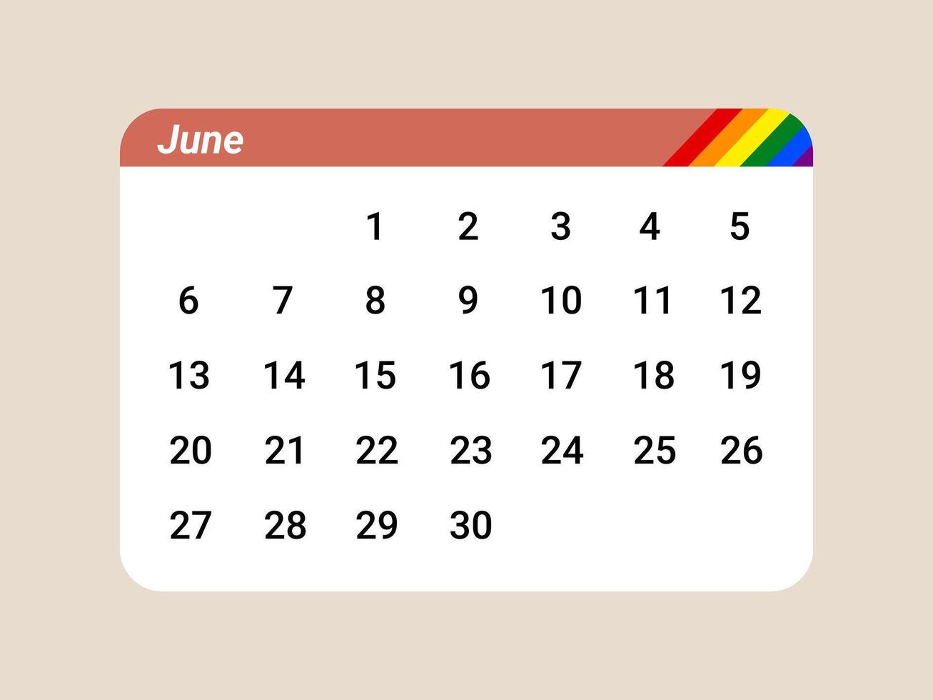 June calendar rainbow pride month celebration equality diversity LGBTQ colorful event. This June calendar features rainbow corner symbolizing pride month celebrating diversity and equality with vector