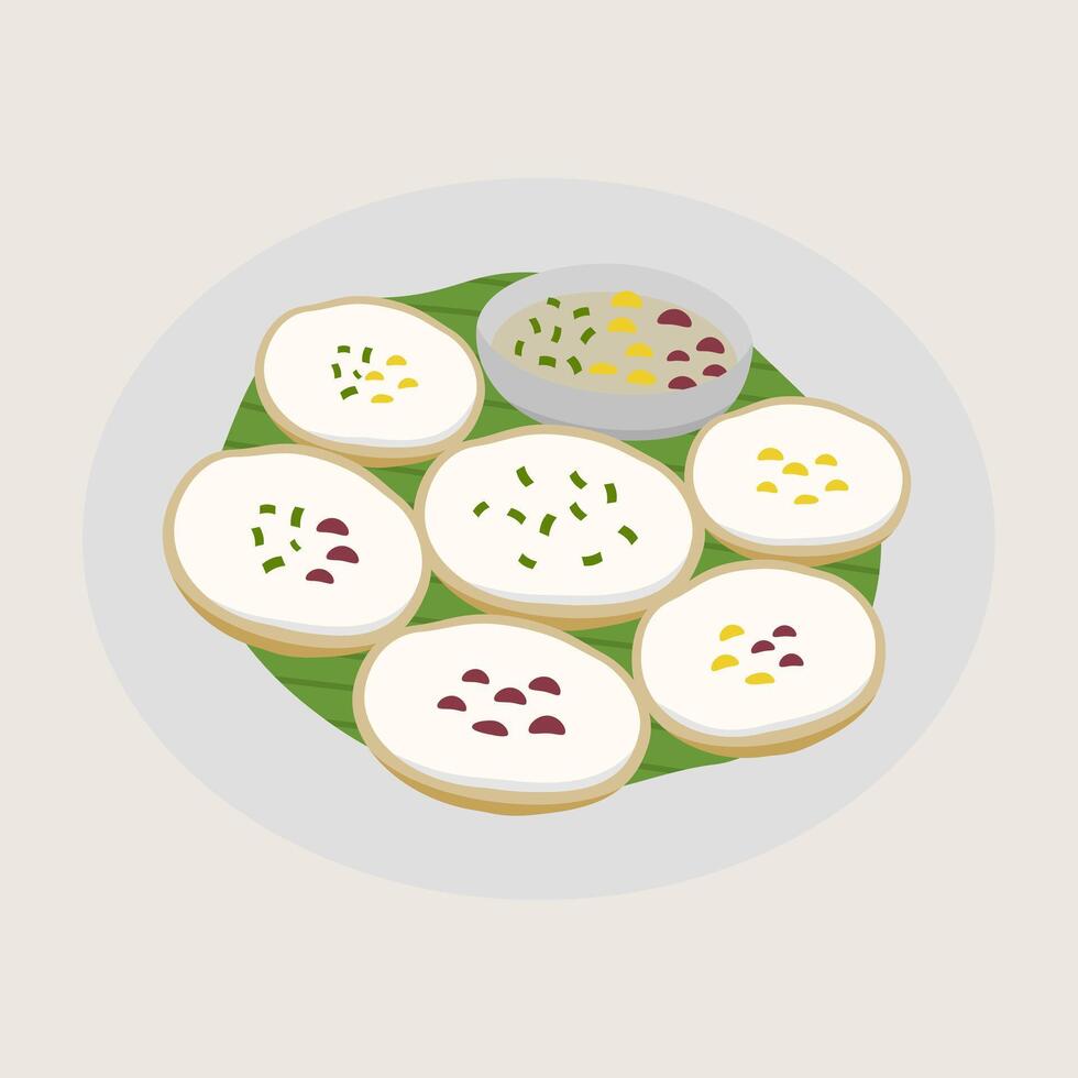 Thai dessert coconut rice pancake Khanom krok traditional sweet round shape green banana leaf white creamy topping chive garnish yellow corn red bean vector