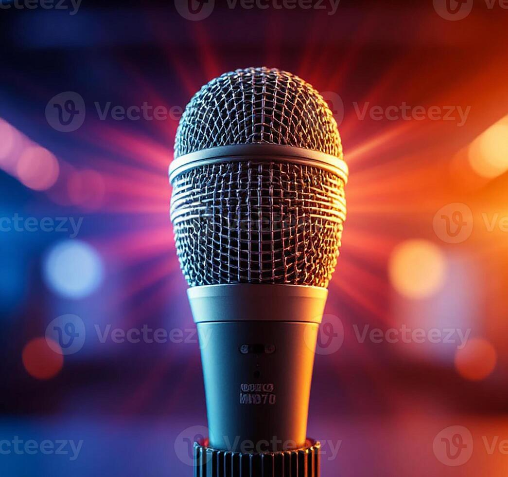 Microphone on stage with bright lights photo