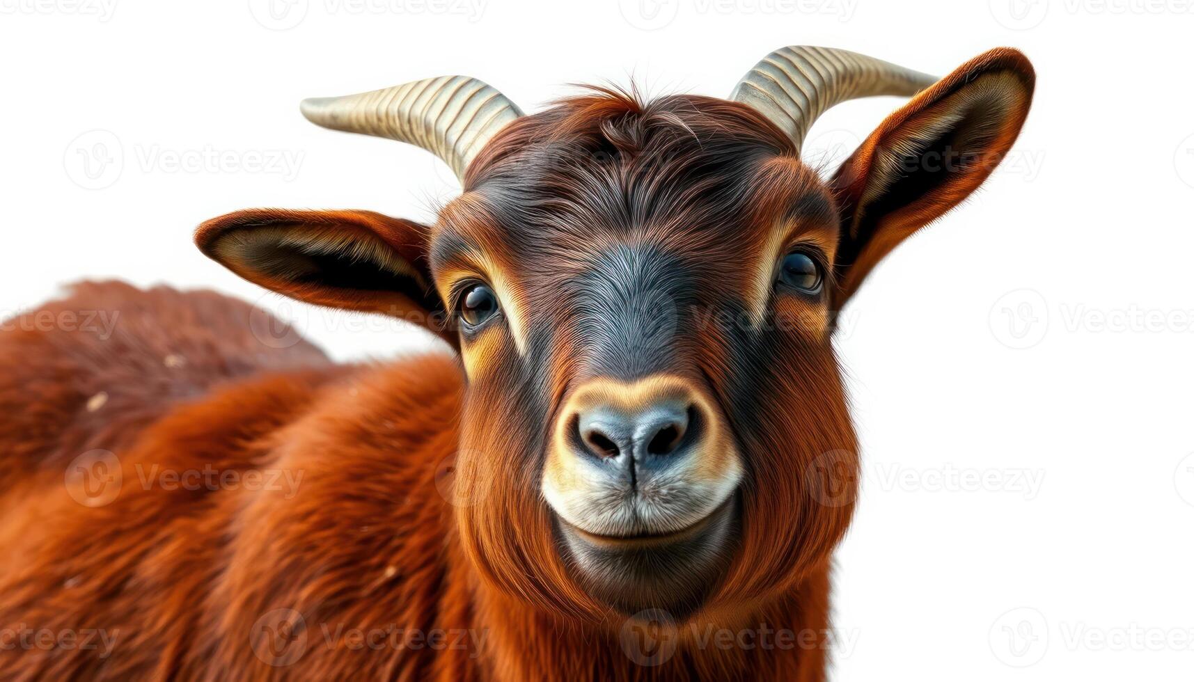 Brown Goat with Horns Against White Background photo