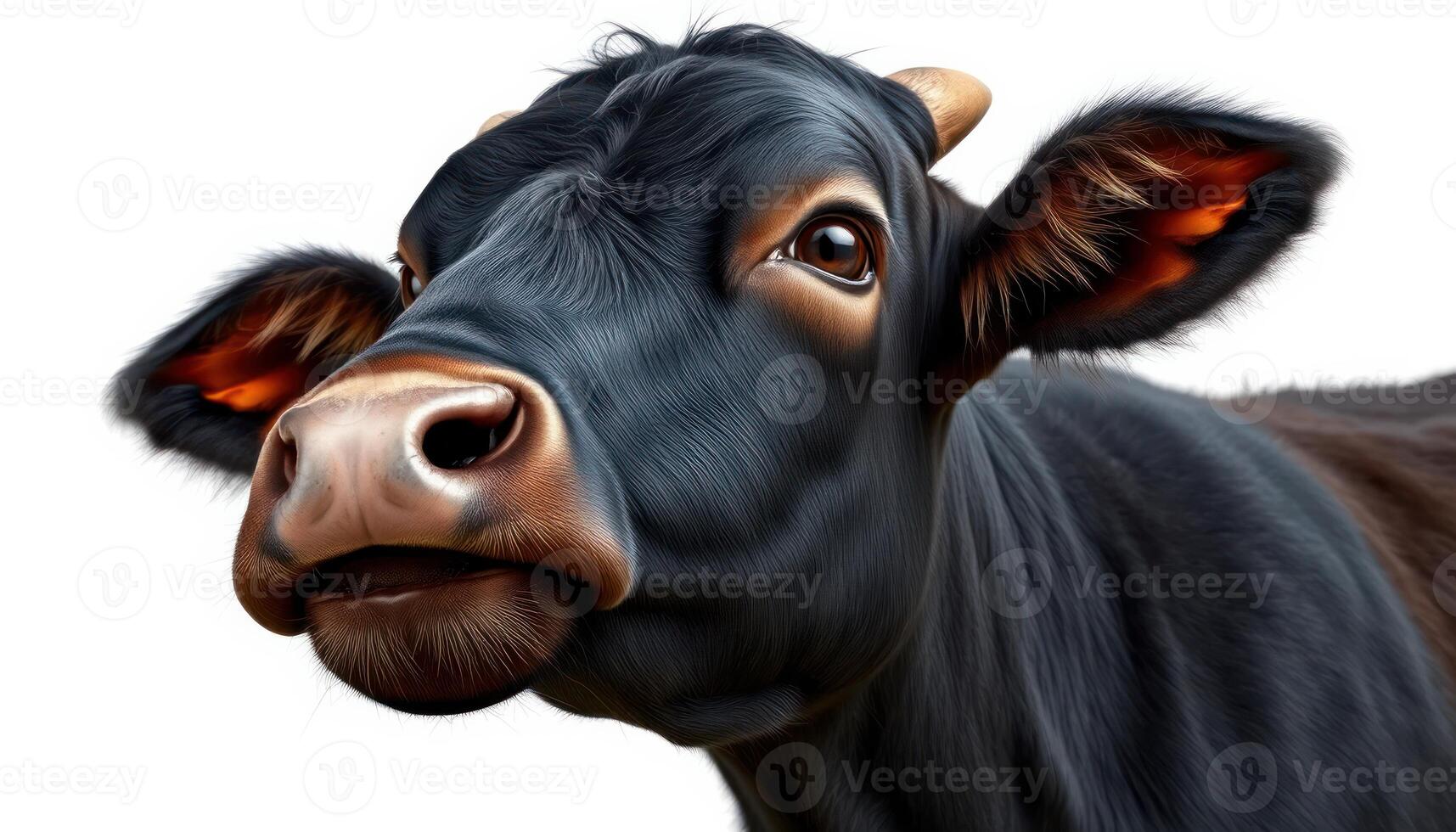 Portrait Of A Black Cow Against White Background photo