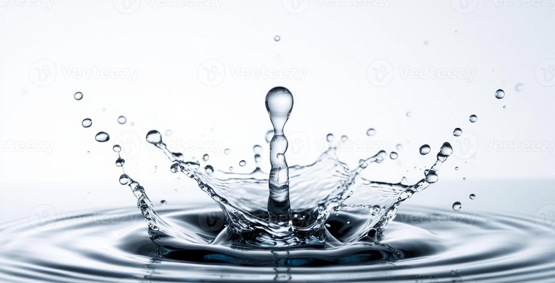 A water droplet rises above a calm water surface, forming a splash with a tall central column photo